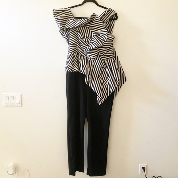 Self-Portrait Asymmetrical Ruffle Striped Jumpsuit - Picture 6 of 11